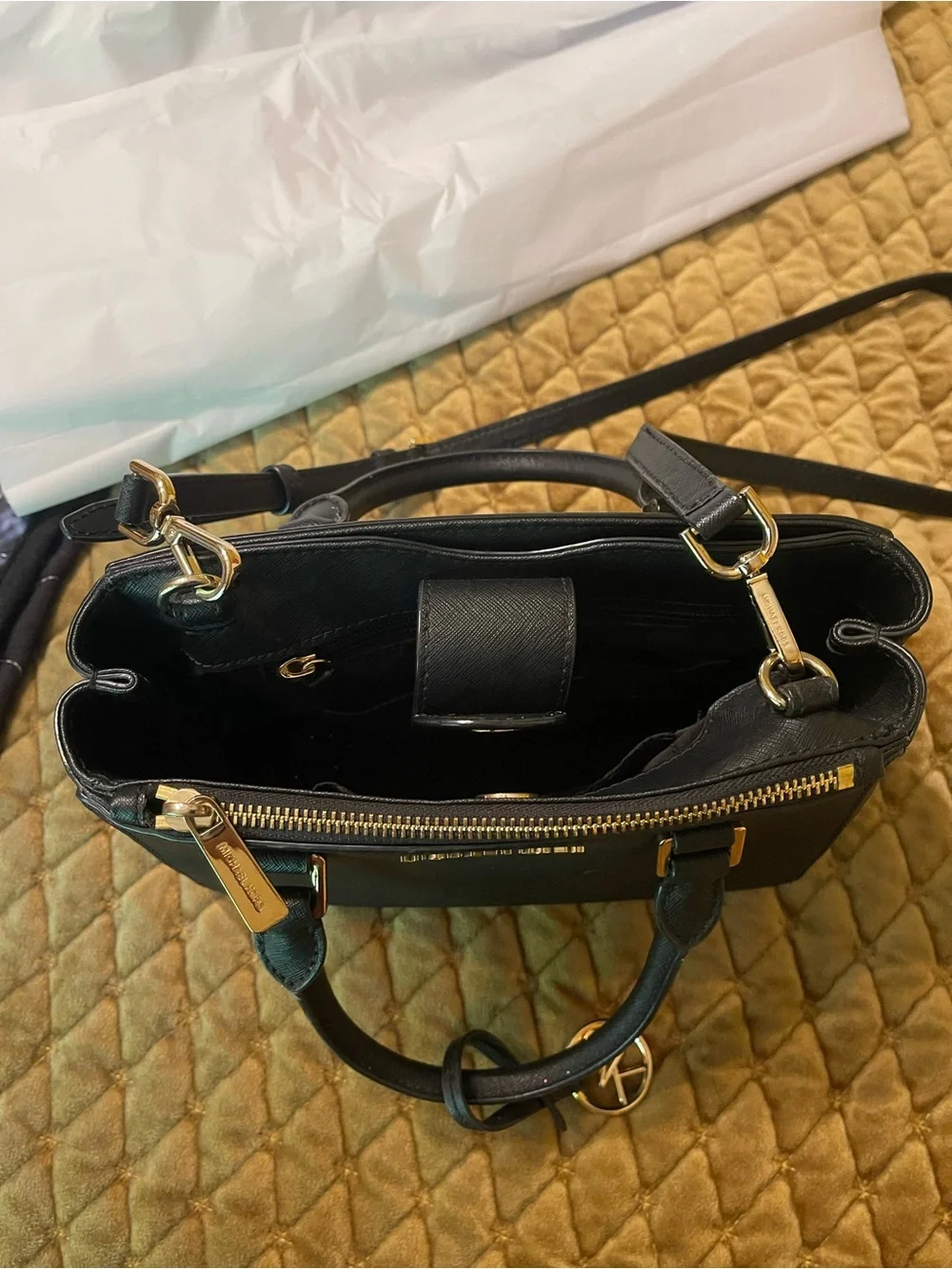 Michael Kors Black Saffiano Satchel with Gold MK Charm